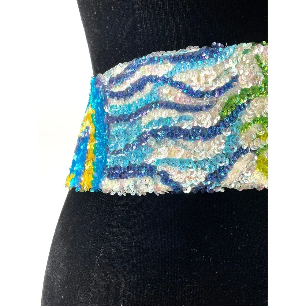 Vintage La Mendola Peacock Retro Hand Beaded Green Pure Silk Chiffon Belt